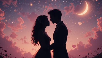 Silhouette of a couple under a starry sky with a crescent moon and clouds