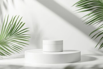 White Cylindrical Display Stand with Palm Leaf and Sunlight