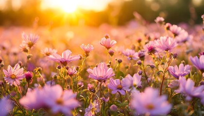 Sunlit pink flowers in a blooming summer meadow.