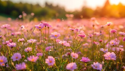 Sunlit pink flowers in a blooming summer meadow.