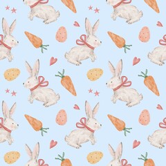 Seamless pattern with cute easter bunny, eggs, carrots. Easter pattern, rabbit fabric design, watercolor illustration. Happy Easter.
