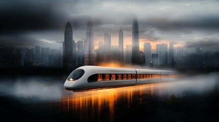 A high-speed maglev train gliding through a futuristic urban landscape. Ultra-Realistic, Photo Realistic, highly detailed, 
