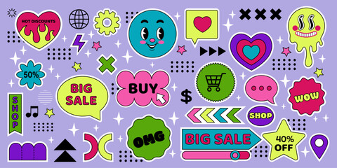 Shop sticker. Online sale. Groovy icon. Neobrutalism abstraction. Discount brutal label. Retro geometric shapes. Offer color button. Smile face. Love heart. OMG icon. Vector modern tidy symbols set