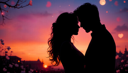 Silhouette of a couple with foreheads touching against a romantic sunset backdrop