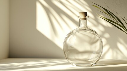Clear glass bottle with cork stopper, sunlight, plant.