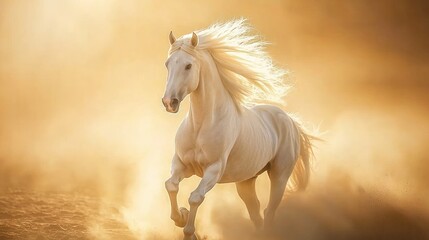 Obraz premium Majestic white stallion running in golden dust.