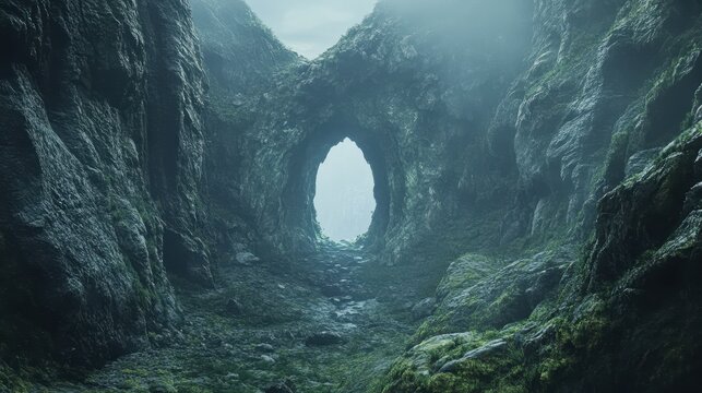 Foggy Mountain Pass with Light at the End of the Tunnel