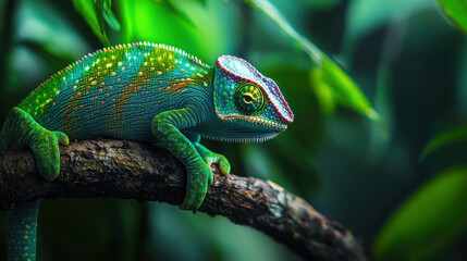 Fototapeta premium Vivid Green Chameleon with Intricate Scales on Branch in Lush Green Environment