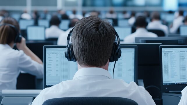 Busy Call Center Operations Numerous Agents Working Diligently at Their Computer Stations.