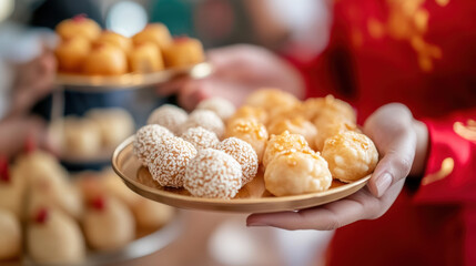 close up of hands holding tray of traditional Chinese New Year sweets, featuring sesame balls and golden pastries, symbolizing prosperity and joy