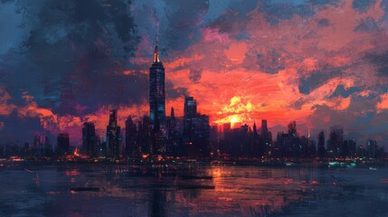 Fototapeta premium evening skyline, city lights, sunset glow, urban silhouette, twilight sky, skyline view