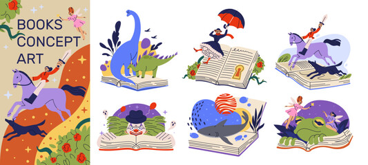 Fantasy book. Open pages with fictional characters. Imagination and reading. Library of adventure, horror and novels. Live animated fiction sheet. Dinosaur and dragon encyclopedia. Vector concepts set