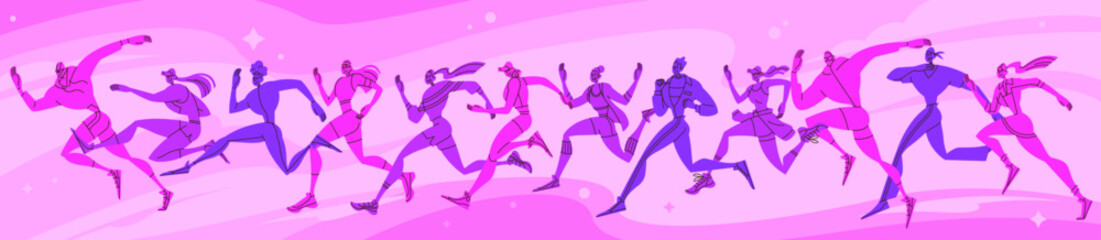Abstract runner. Run people, group of sports. Character marathon, jogging men and women, successful competition, rapid achievement, dynamic person. Vector line cartoon flat isolated illustration