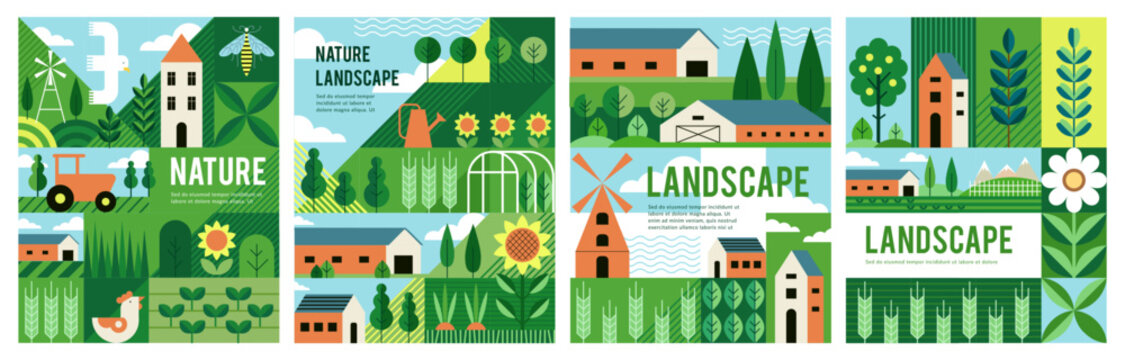 Agriculture geometric. Tree, forest, pattern abstract farm. Background village, green field. Geometry Bauhaus style. Flower, town, house and different plant. Vector poster cartoon flat illustration