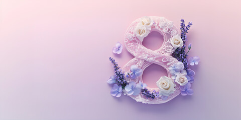 Fototapeta premium Floral arrangement of number eight with delicate roses and lavender on a soft pastel background