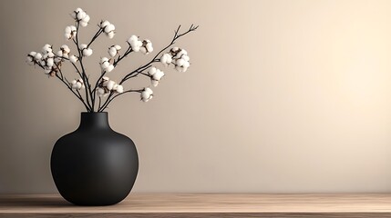 Minimalist cotton branches in a black vase on a wooden surface against a beige wall.