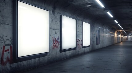 Blank billboard mockups in a dark urban underpass.