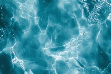 Blue Ripples and Transparent Water Surface with Splashes and Bubbles in Sunlight Reflection Perfect for Skincare and Cosmetic Backgrounds