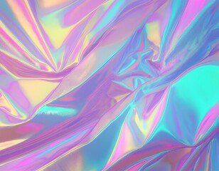 bstract Modern pastel colored holographic background in 80s style. Crumpled iridescent foil textile...