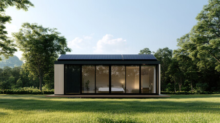 Fototapeta premium modern eco friendly home featuring large windows and solar panels, surrounded by lush greenery. This sustainable design promotes harmony with nature and energy efficiency