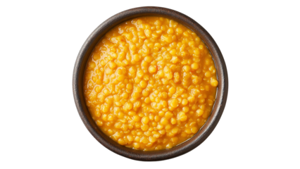 Bowl of yellow dal on a white background, cut out