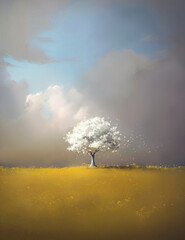 drawing of a lonely white tree against the background of nature and the sky with clouds