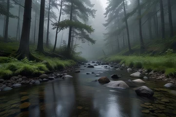 Fototapete Hidden Creek in the Foggy Woods © Products Area