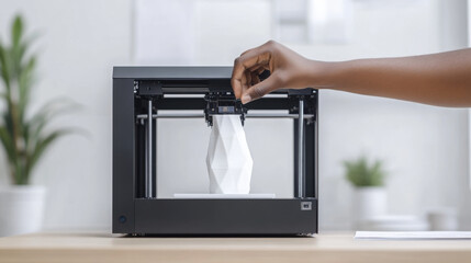 hand adjusting settings on 3D printer, showcasing modern technology and creativity in bright workspace. printer is actively producing geometric object