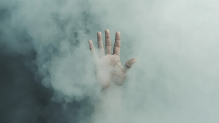 hand reaching through cloud of smoke, symbolizing struggle and hope. ethereal atmosphere creates sense of mystery and emotion