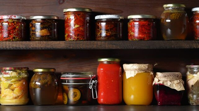 Many canned food in glass jars on wooden shelves in the cellar for winter consumption, close up. Food preservation. Colorful pickled and fermented jars of vegetables, honey, jam and other products