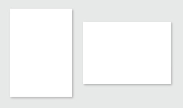 set of blank white paper sheets. Vertical and horizontal flyers of A4 format with shadow on a gray background. Vector template for the presentation of banners, posters, postcards, cover, invitation.