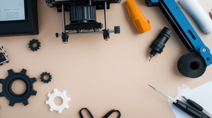 high angle view of workshop table featuring various tools, including 3D printer, gears, and drill, creating organized workspace for creative projects