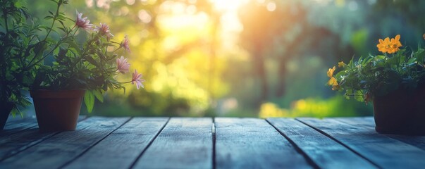 Naklejka premium Potted flowers sitting on wooden table in garden during golden hour