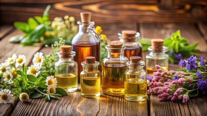 Aromatic blends on wooden table , aromatic oils, aromatherapy,  aromatic oils