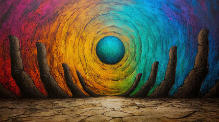 Massive Stone Hands Rising in a Cosmic Vibrant Landscape of Colorful Energy