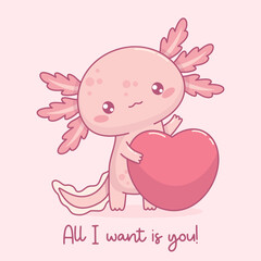 Romantic enamored Axolotl with heart. Little festive cartoon pink kawaii character. Vector illustration. Holiday cool postcard valentine