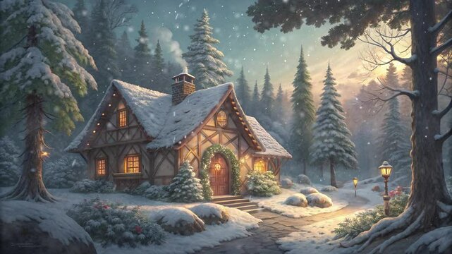 Christmas view of a house in the forest with falling snow