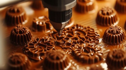 Close-up of a 3D food printer creating intricate chocolate designs 
