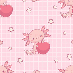 Seamless pattern with cute Axolotl with heart on checkered pink background. Funny Little cartoon kawaii character. Vector illustration. Romantic valentine backdrop