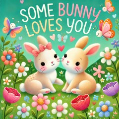 Obraz premium Cute Bunnies with Flowers 