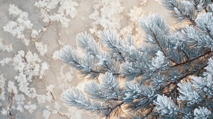 Closeup of snow-covered evergreen needles, icy details on the branches,