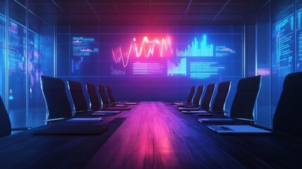Conference table with neatly arranged reports, a glowing holographic