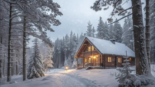 Christmas view of a house in the forest with falling snow