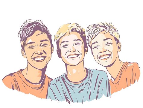 Joyful Trio:  A vibrant illustration of three smiling boys, captured in a cheerful and friendly pose.  The artwork exudes happiness and camaraderie. 