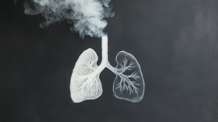pair of lungs drawn on chalkboard with smoke rising from top, symbolizing impact of smoking on health. This artistic representation highlights respiratory issues