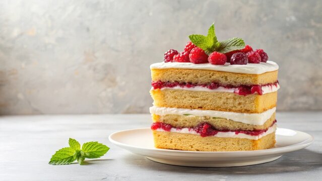 Layered sponge cake with raspberry jam and buttercream frosting on a white plate, culinary art, food,  culinary art,food