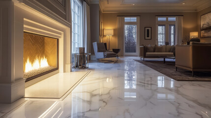 Fototapeta premium sophisticated lounge area featuring elegant marble flooring, cozy fireplace, and stylish furniture, creating warm and inviting atmosphere for relaxation