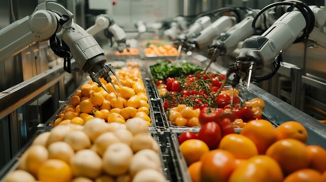 Robotic arms handling fresh produce in an automated food processing line 