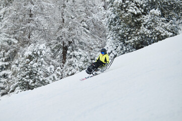 Adaptive Skiing on Snowy Alpine Slopes. Extreme sport and holiday concept.