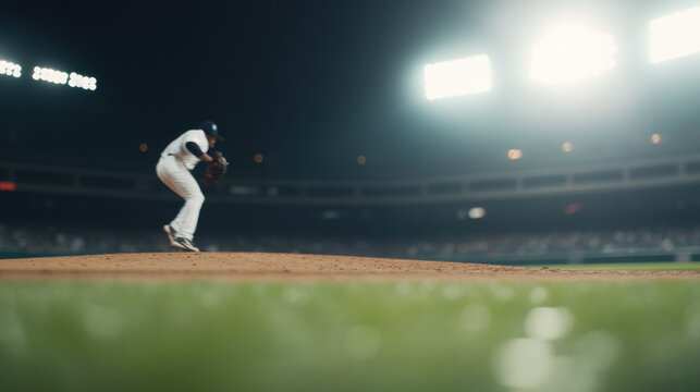 pitcher winding up on professional baseball field under bright stadium lights, showcasing intensity of game. atmosphere is electric with anticipation